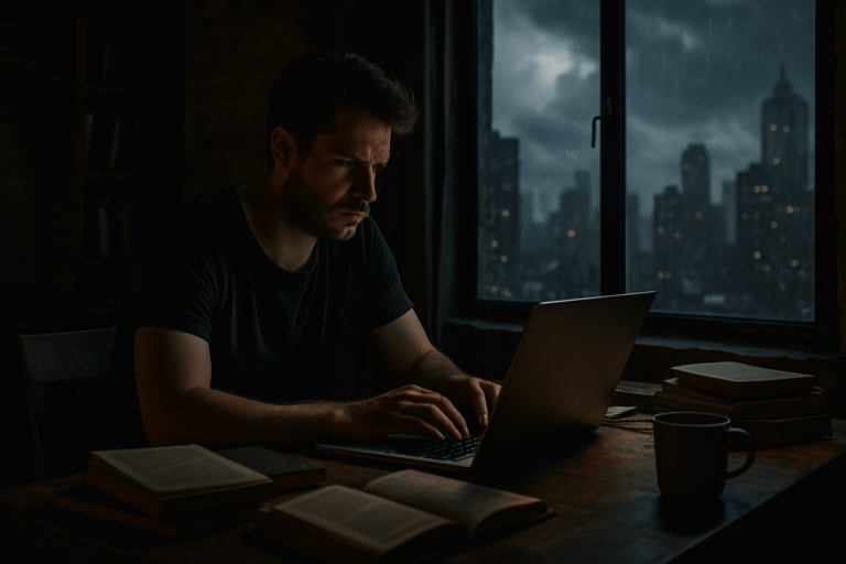 A man writing alone in a moody apartment, symbolizing rebellion and self-made success. Mark Manson