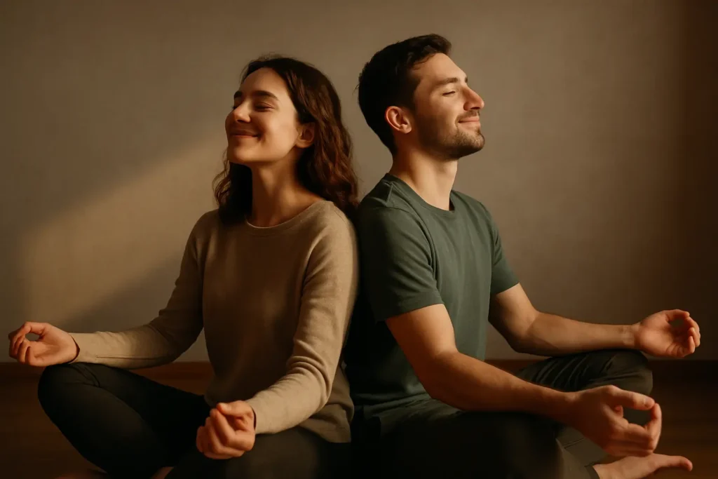 Balanced couple sitting together peacefully, symbolizing mutual respect and emotional reciprocity in modern relationships