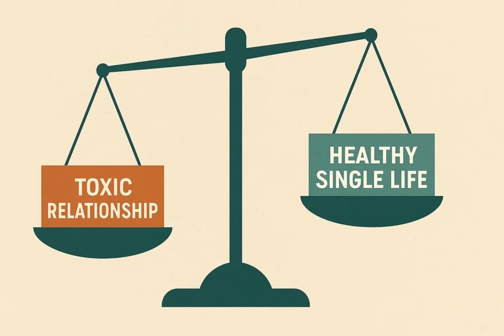Balanced scale comparing toxic relationships with fulfilling singlehood.