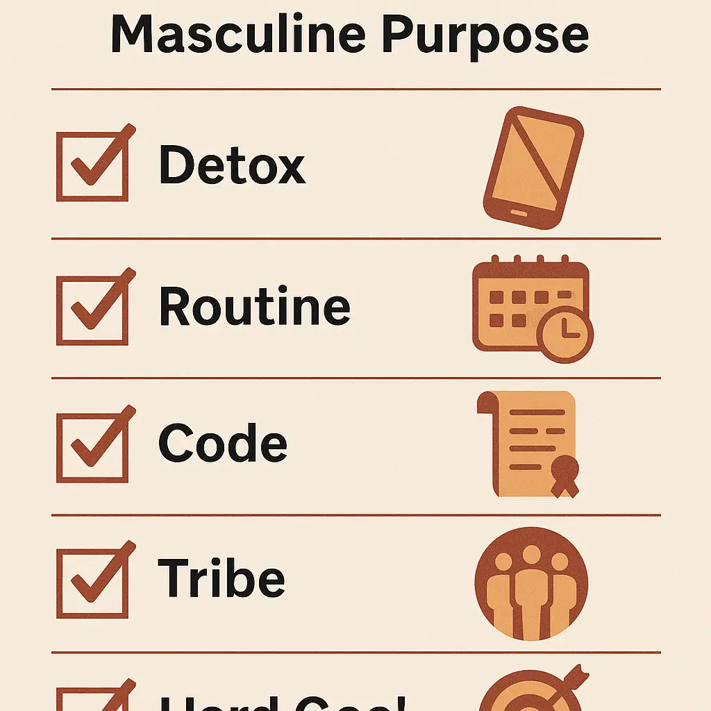 Five-step guide for resetting masculine purpose detox, routine, values, brotherhood, and goal-setting