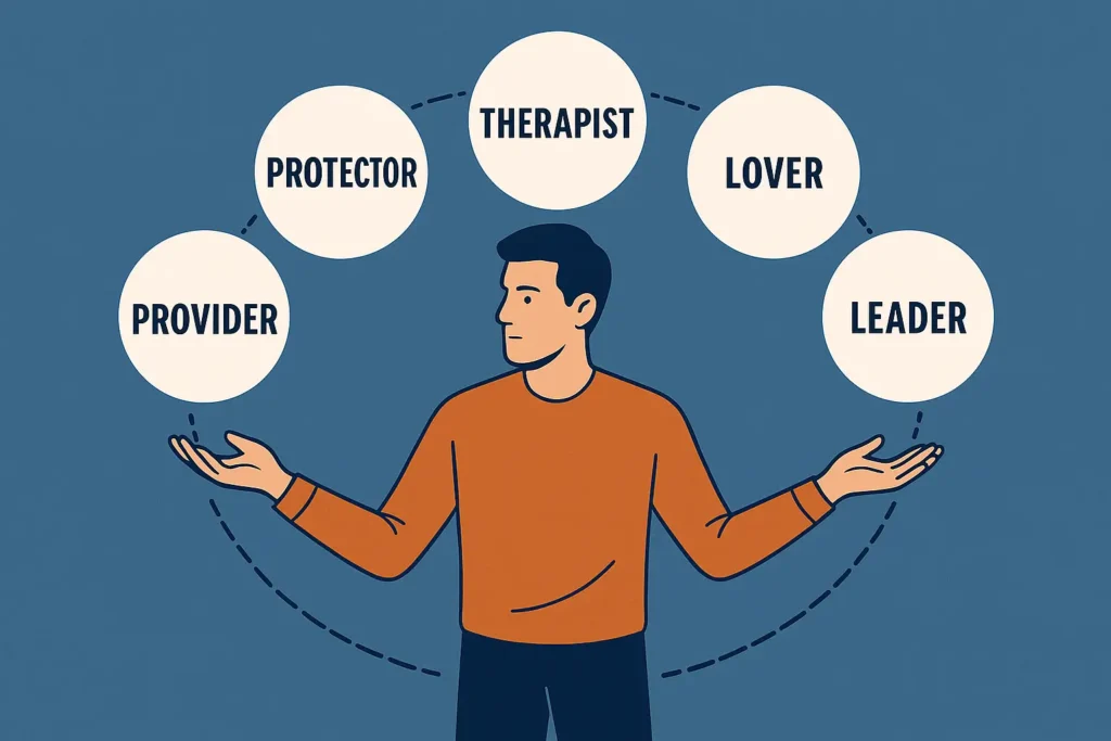 Graphic of man juggling roles in a relationship provider, therapist, lover, protector