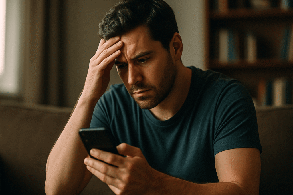 Man feeling overwhelmed by unrealistic expectations in dating culture