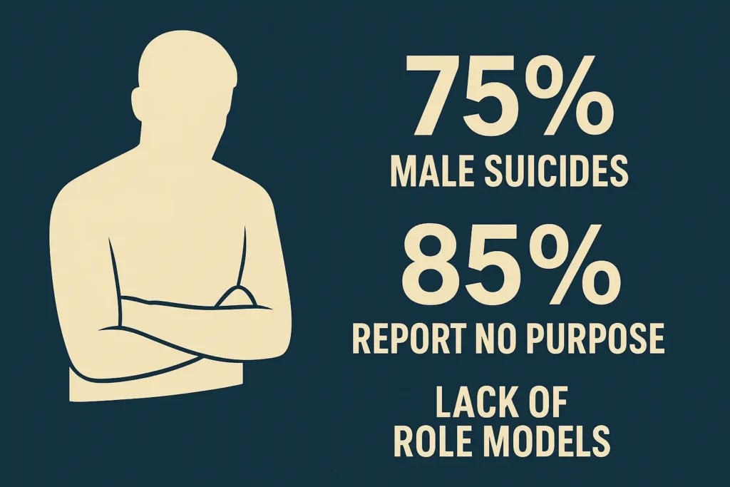 Infographic showing statistics on male suicide and loss of purpose in 2025