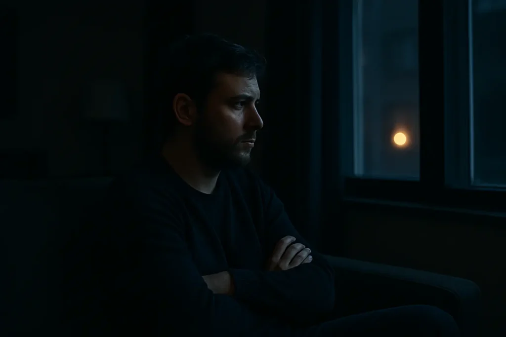 Lonely man sitting in a dark room at night, symbolizing emotional exhaustion in modern relationships