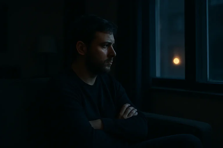 Lonely man sitting in a dark room at night, symbolizing emotional exhaustion in modern relationships