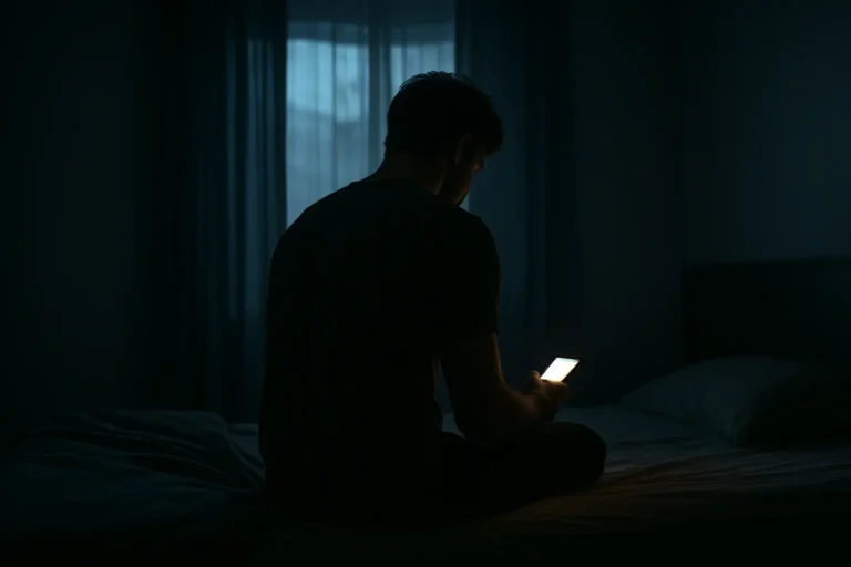 Man feeling emotionally disconnected while scrolling on his phone in a dark room
