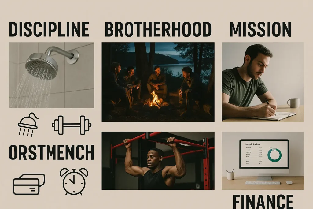 “Man lifting weights at sunrise as part of morning discipline”
“Men gathering in a brotherhood circle outdoors”
“Focused man journaling about his personal mission”