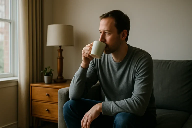 Middle-aged man enjoying quiet solitude in a peaceful home — single male lifestyle.