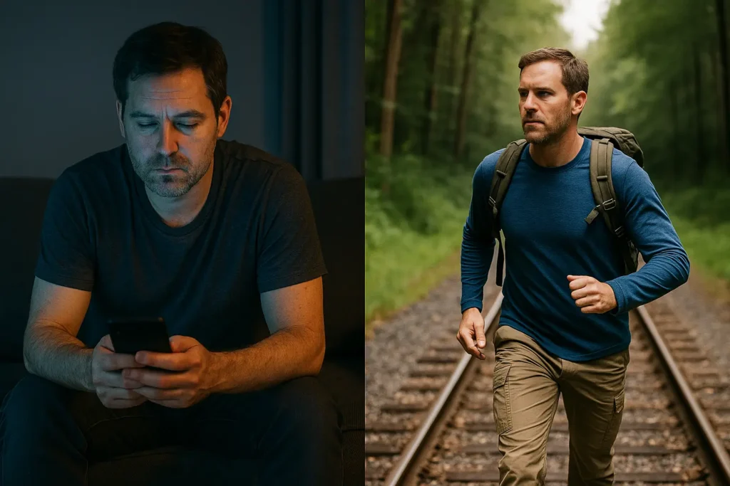 Side-by-side image of digital addiction vs. masculine clarity through nature and activity