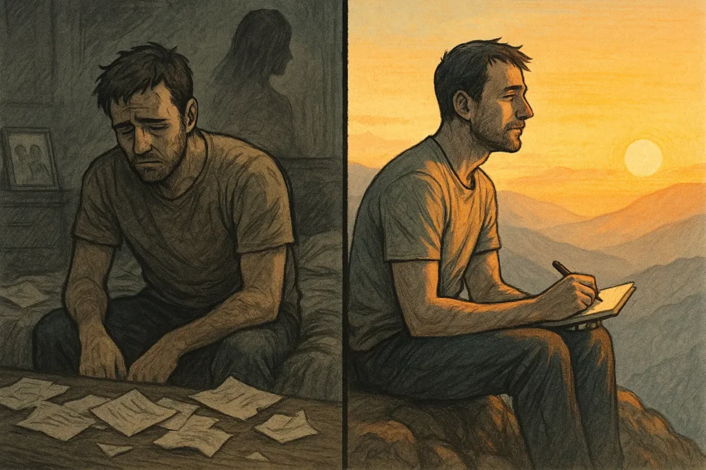 Split image showing a man overwhelmed in a relationship versus peaceful and alone in nature