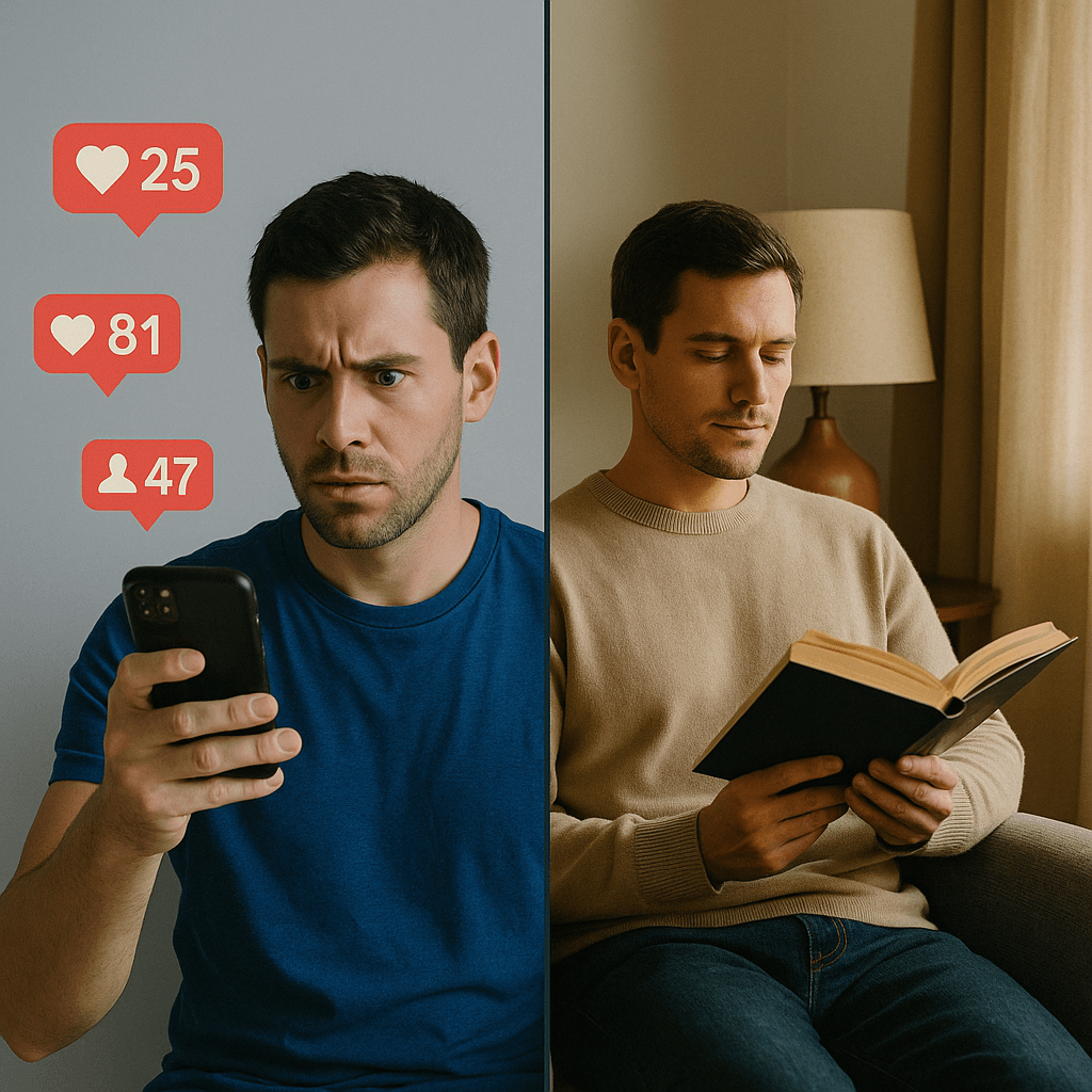 Split image showing dating app fatigue vs. peaceful solitude for modern men