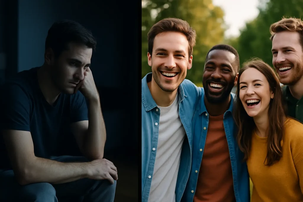 Visual comparison of a lonely single man and a socially connected one.