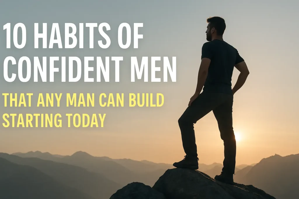 A confident, bearded man stands on a rocky peak at sunset, hands on hips, overlooking distant mountain ranges, representing the habits of confident men, with bold text reading “10 Habits of Confident Men — That Any Man Can Build Starting Today.”