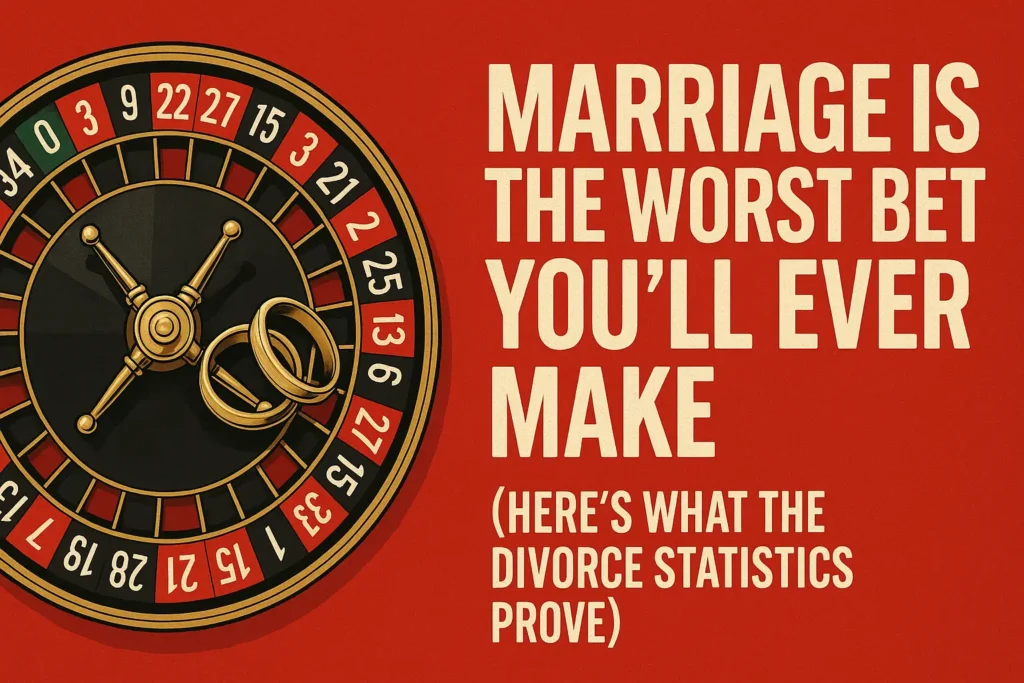 Cinematic digital illustration of a roulette wheel with golden wedding rings resting on it, symbolizing marriage as a gamble. Bold headline text reads ‘Marriage Is the Worst Bet You’ll Ever Make (Here’s What the Divorce Statistics Prove).’ Dark red background, moody casino aesthetic.