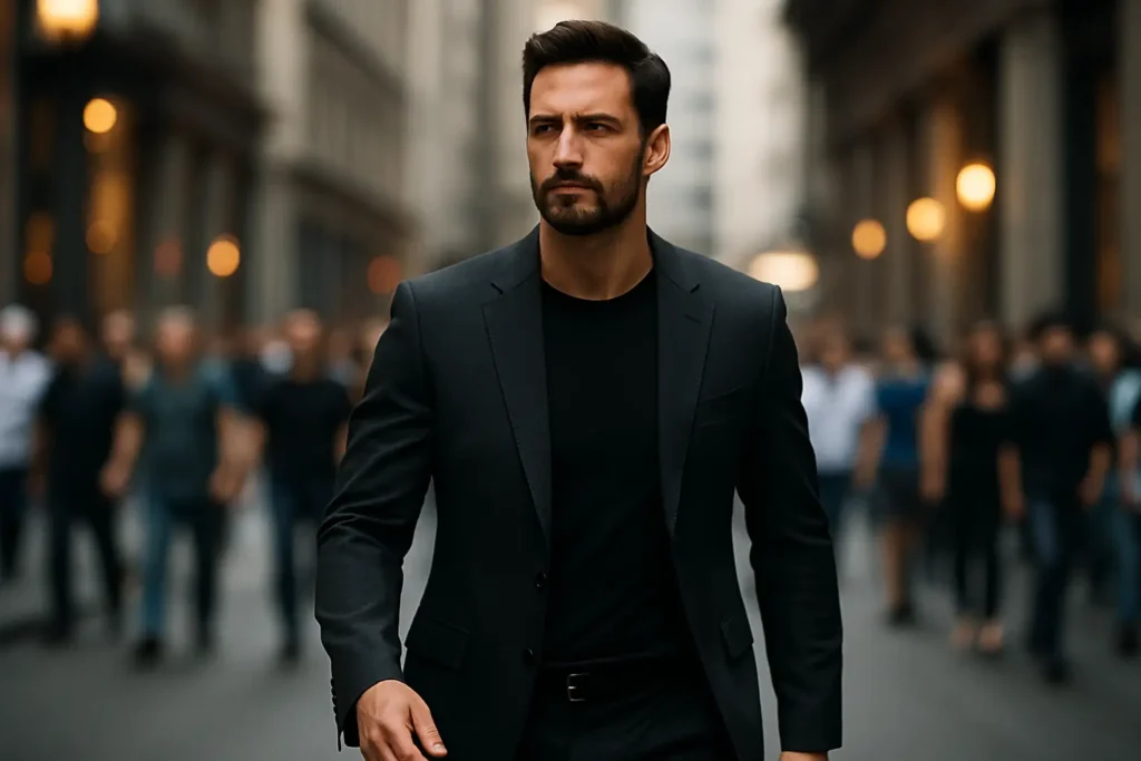 Confident masculine body language – man walking tall through a crowded city street with steady gaze. Masculine body language 