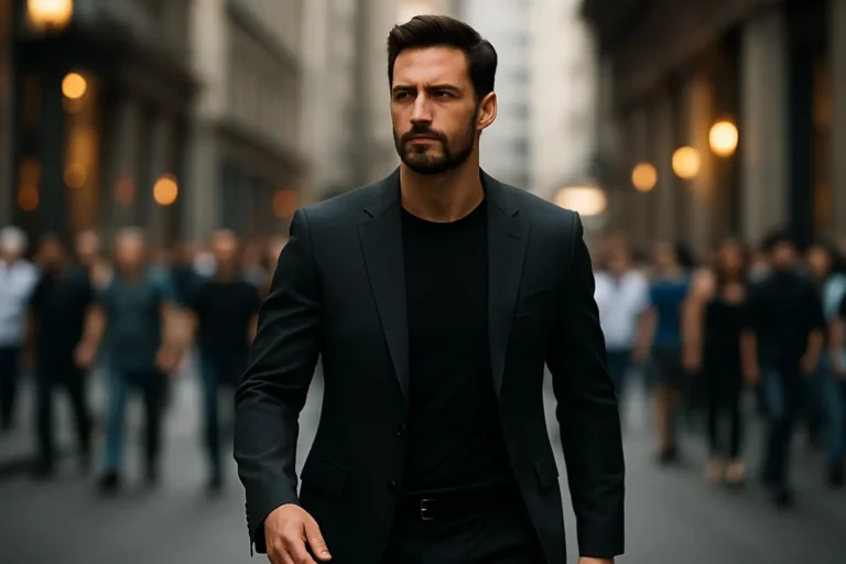 Confident masculine body language – man walking tall through a crowded city street with steady gaze. Masculine body language