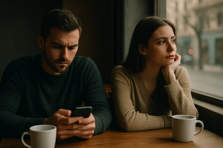 Couple sitting together but emotionally disconnected, symbolizing transactional relationships where intimacy is missing
