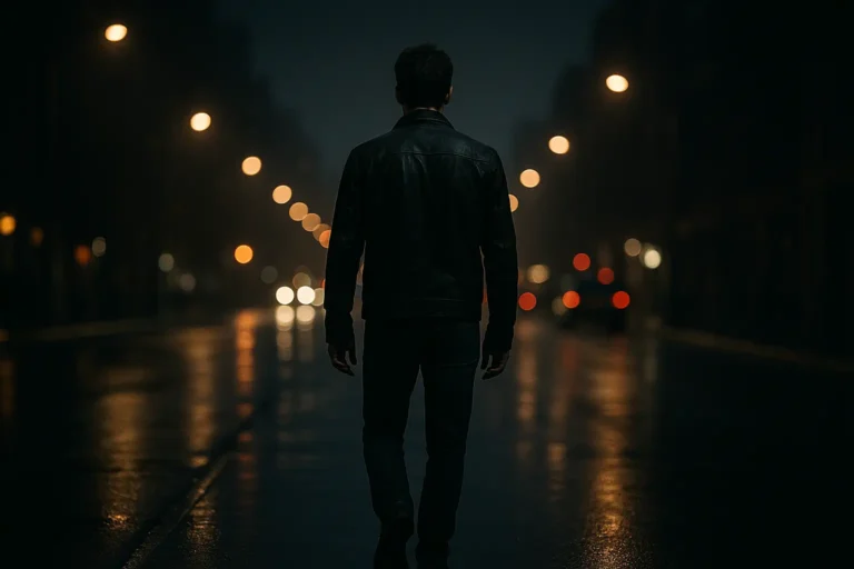 Man walking away from dating trash toxic relationship under city lights