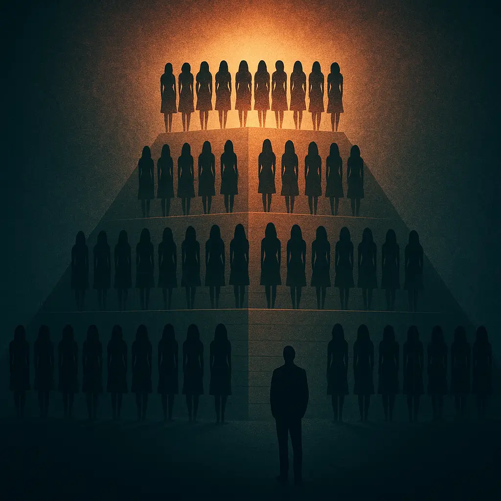 Conceptual illustration of modern dating imbalance showing one man at the bottom of a pyramid while women gather at the top, symbolizing dating apps, hypergamy, and unequal attention in relationships.