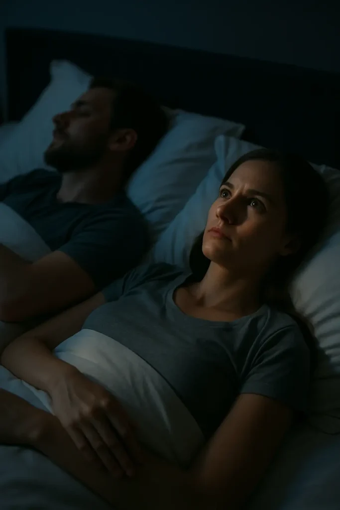 Person lying awake in bed next to partner, reflecting the loneliness and emotional distance in transactional love