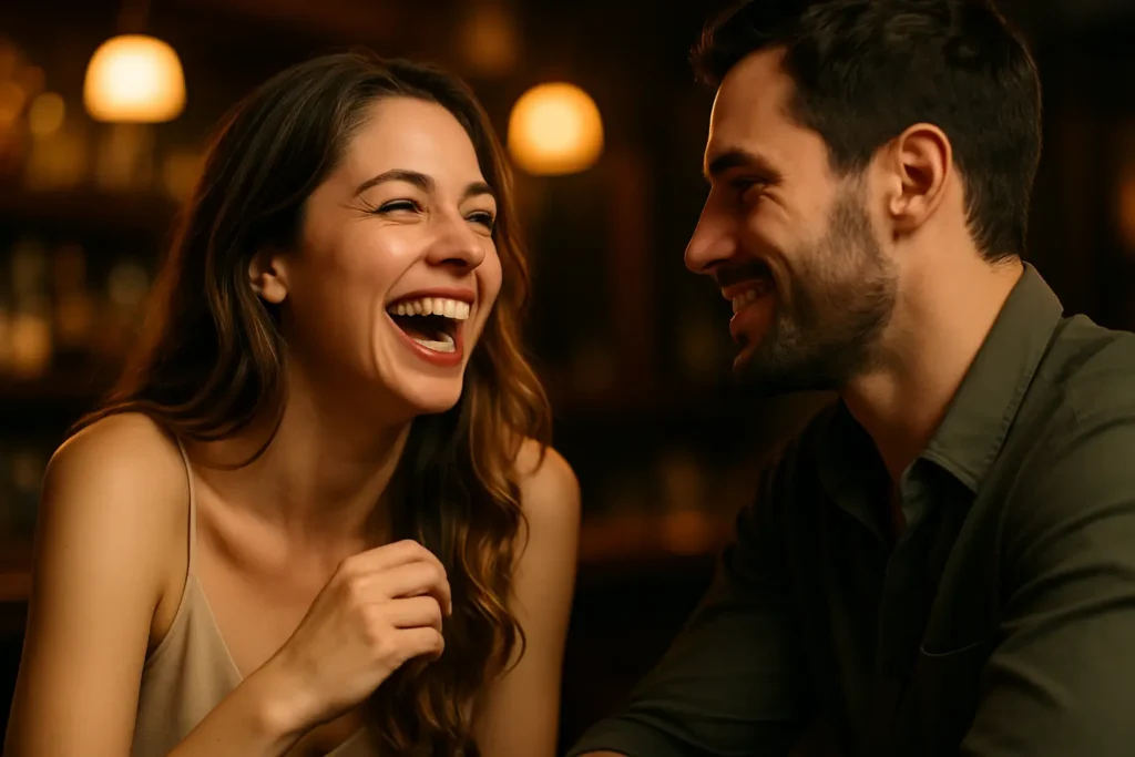 Woman laughing louder around attractive man – body language of attraction. How Women Act Around Attractive Men