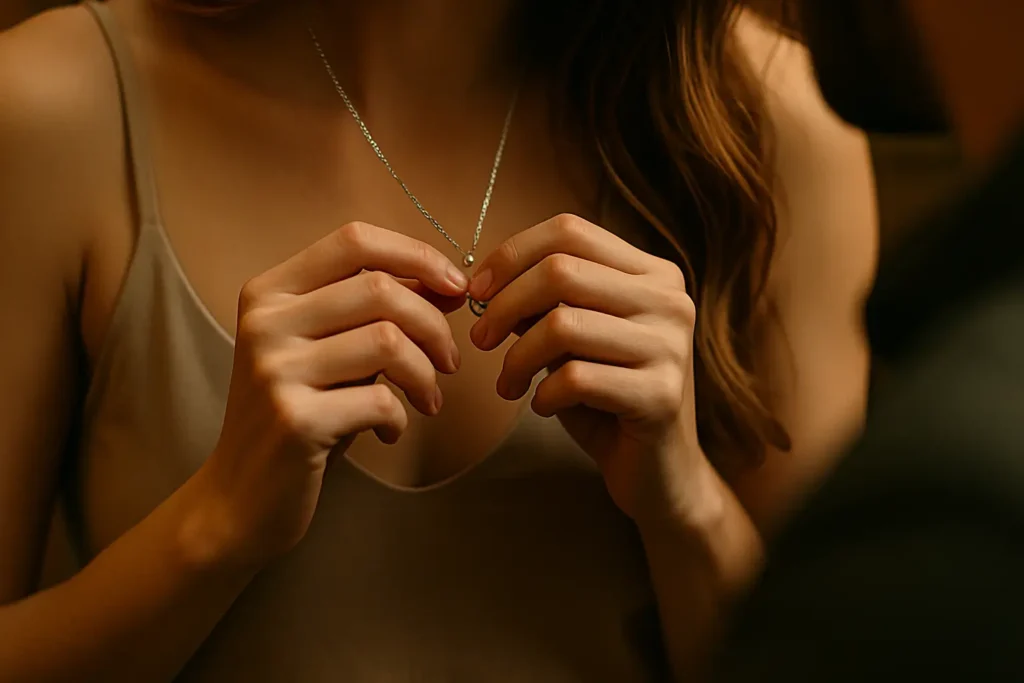 Woman playing with jewelry – subtle flirting body language. How Women Act Around Attractive Men