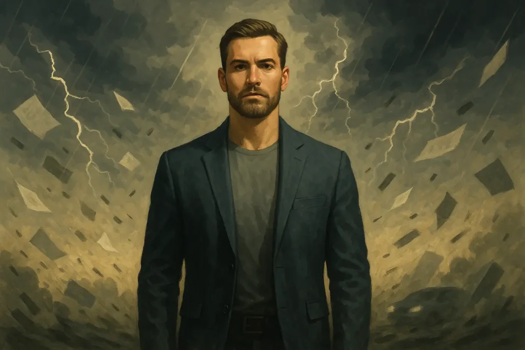 A calm confident man standing strong while chaos swirls around him, representing masculine frame and self-control