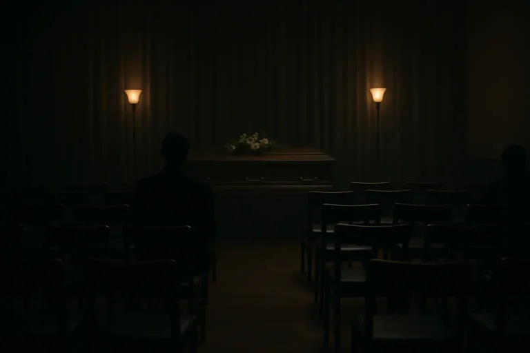 Empty funeral with rows of chairs and a coffin — symbolizing how most men die unnoticed