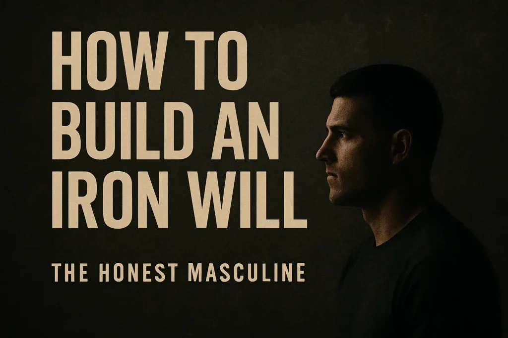 How to Build an Iron Will — The Honest Masculine article hero image. A serious man’s side profile on a dark background symbolizes discipline, resilience, and masculine strength.