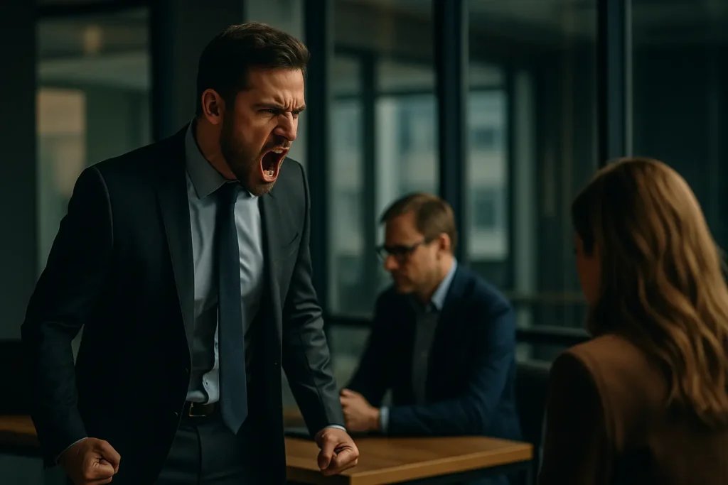 Lack of control. A man in a suit shouts angrily in an office while coworkers look away in discomfort, symbolizing lack of control destroying men.