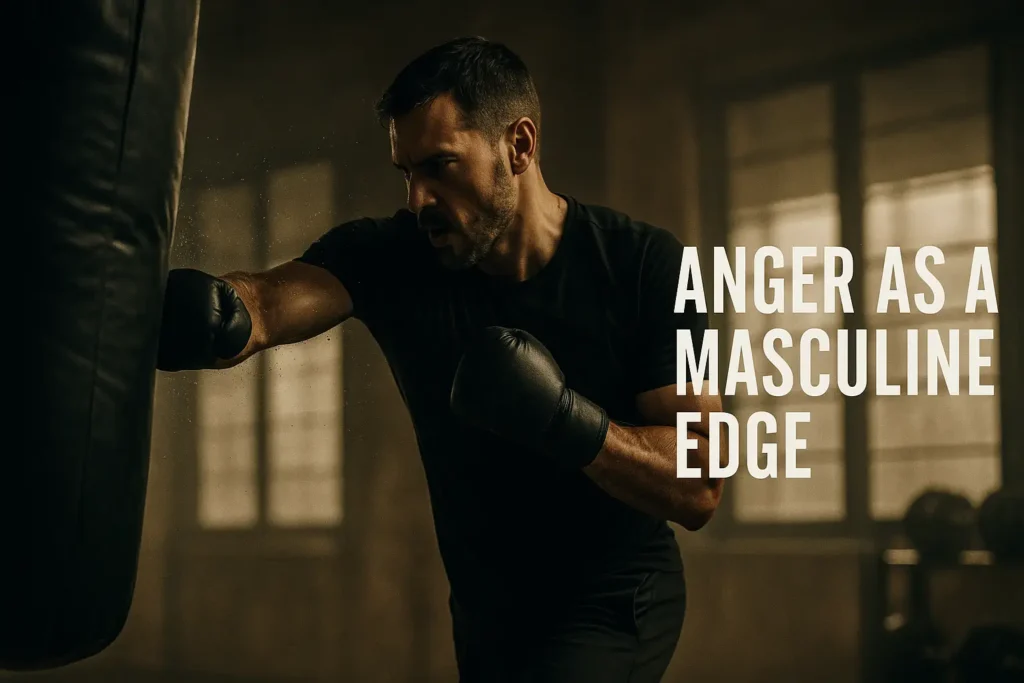 A man boxes with calm focus in a gym, symbolizing anger as a masculine edge.