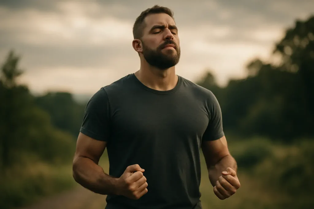 Lack of control. A man breathes deeply outdoors with eyes closed and fists unclenched, symbolizing mastery of anger.