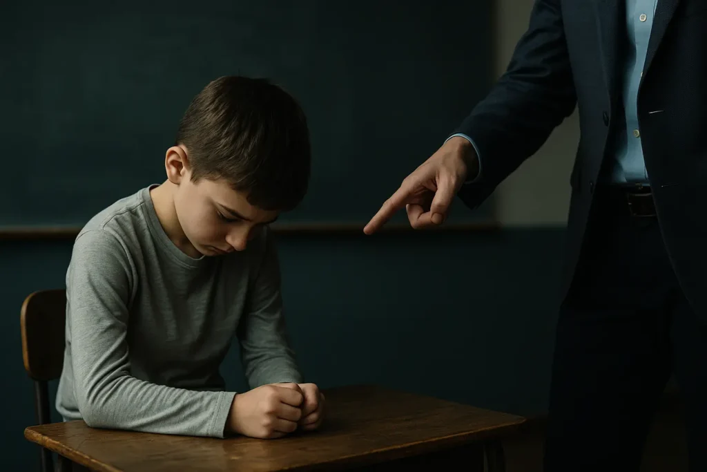 Lack of control. A boy sits with his head down at a school desk while an adult points at him in frustration, symbolizing how men are taught from childhood to fear anger.
