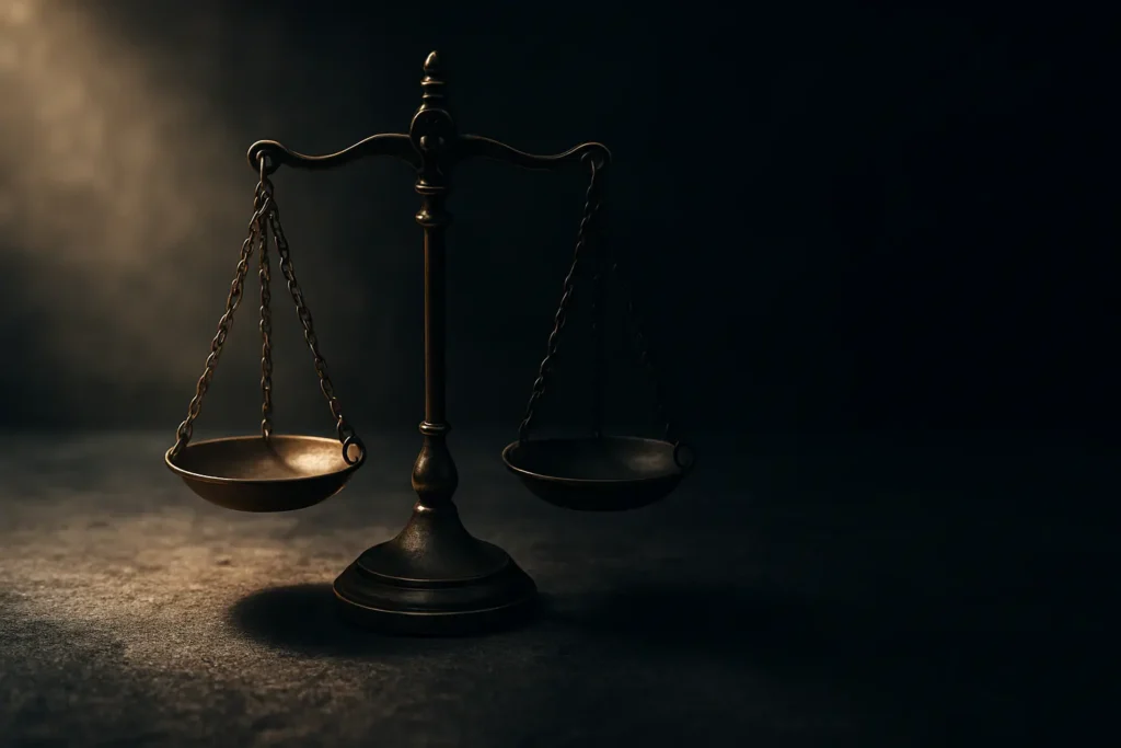 A balanced scale with light on one side and shadow on the other, symbolizing the balance between power and cowardice in masculine detachment.