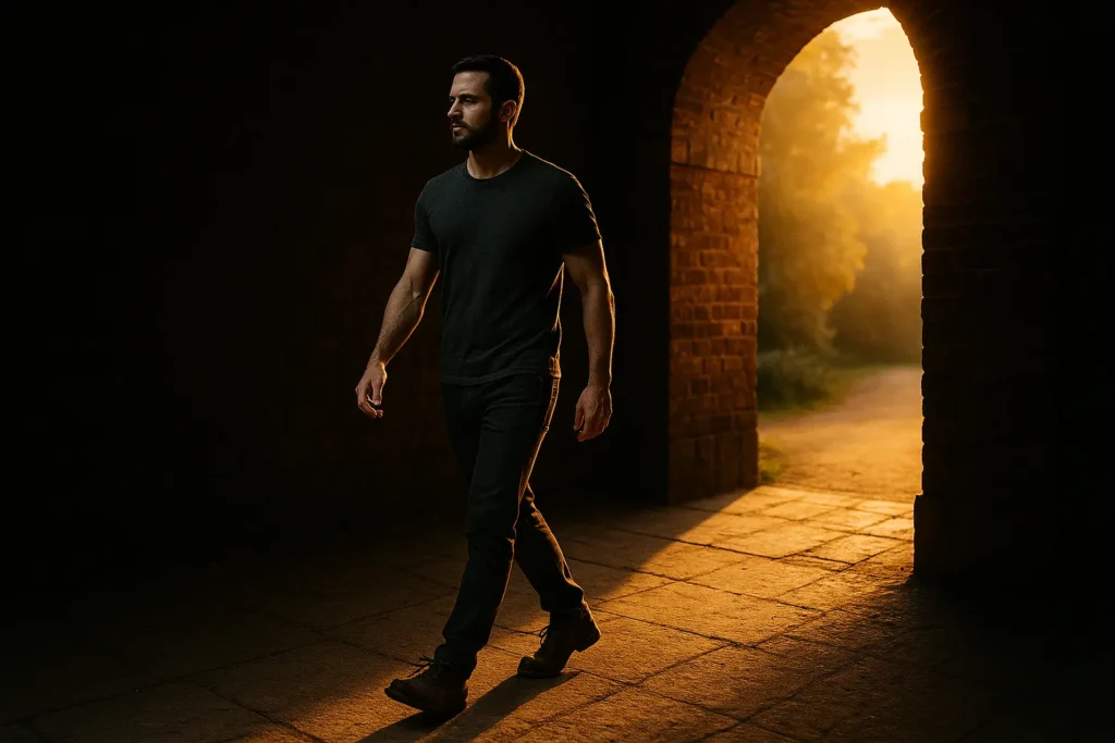 A man walks from shadow into sunlight, symbolizing breaking free from shame and rebuilding male identity.
