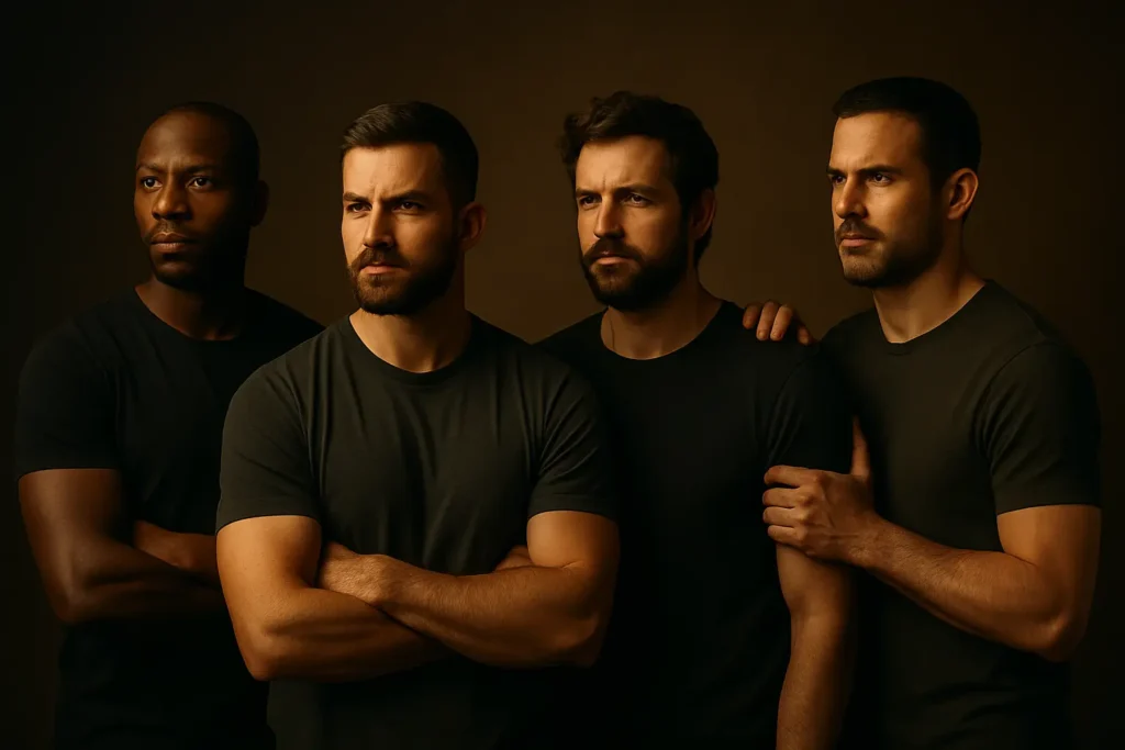 A group of men stand shoulder to shoulder in moody light, symbolizing how brotherhood heals and isolation kills.