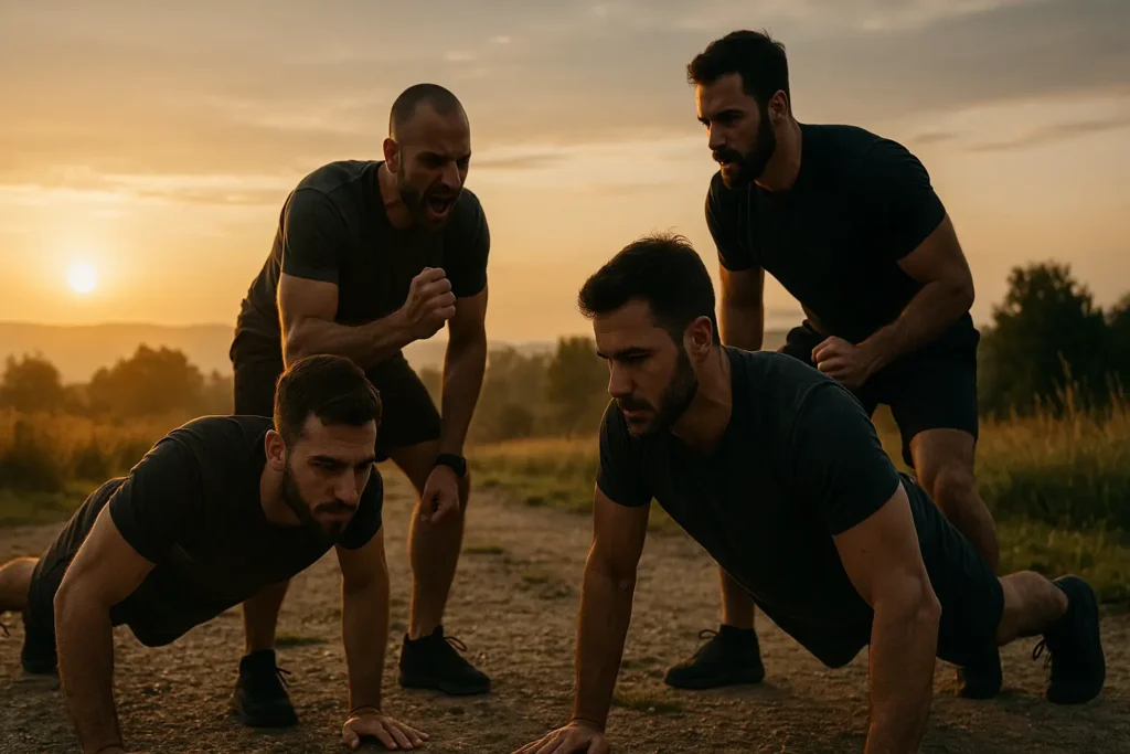 A group of men train outdoors at sunrise, symbolizing Stoicism practiced in brotherhood.