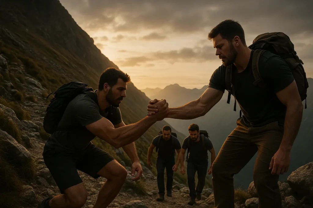 A group of men hike up a mountain trail, helping each other, symbolizing how to build brotherhood in modern life.