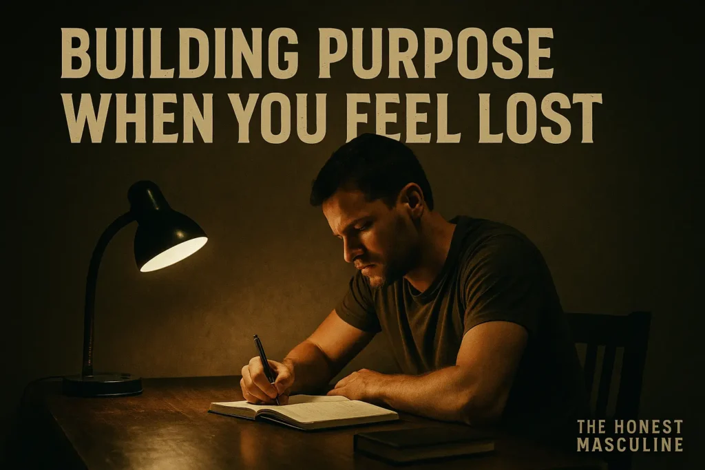 Building Purpose When You Feel Lost — a man writing in a journal at a desk under a lamp, symbolizing clarity, reflection, and building purpose step by step.