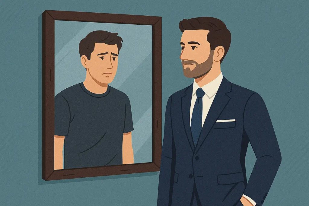 man showing false confidence while his reflection reveals insecurity, symbol of six pack six figure six foot trap
