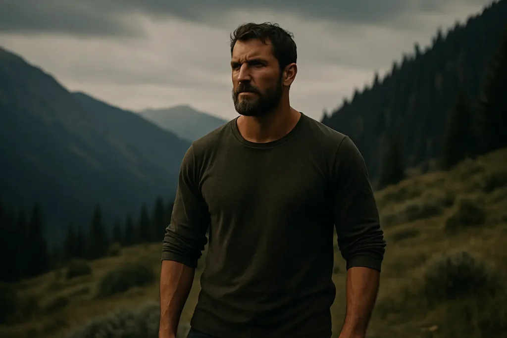 A rugged, bearded man stands alone in the mountains, symbolizing discipline, courage, and purpose as the true core of male value. What Makes a Man Valuable?