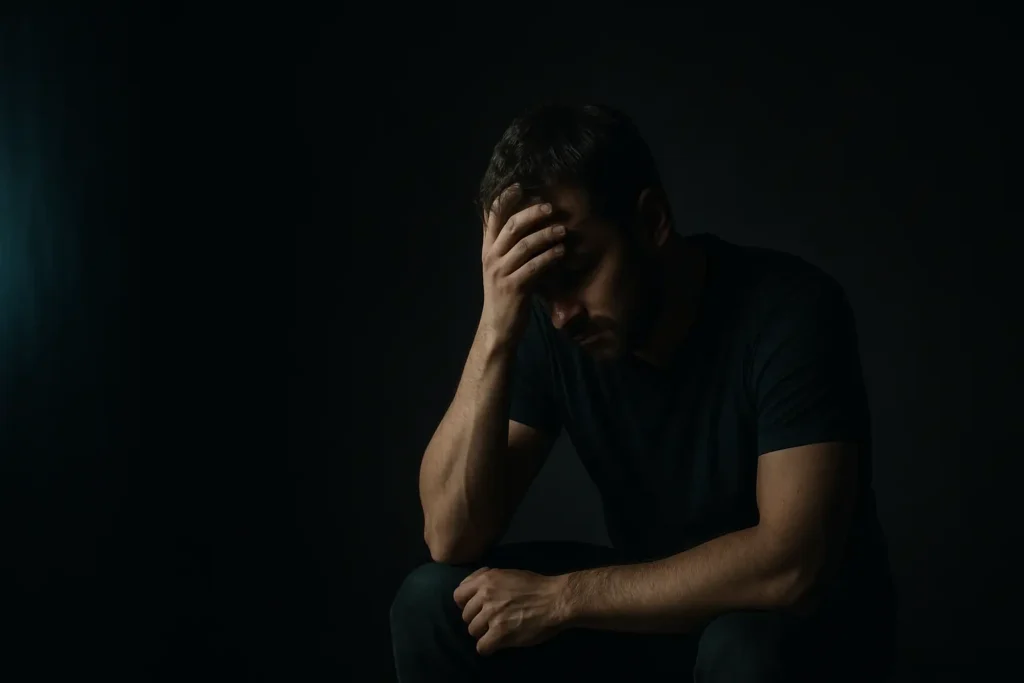 A man sits alone in the dark, symbolizing the emotional cost of the masculine identity crisis.