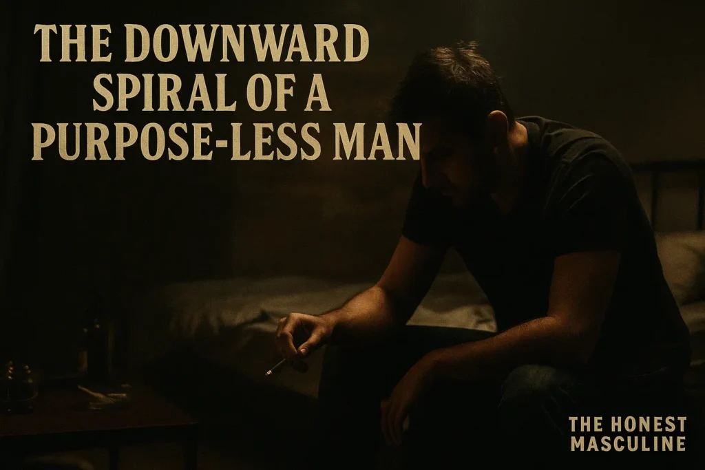 The Downward Spiral of a Purpose-less Man — a man slumped in darkness with a cigarette, symbolizing addiction and collapse men without purpose.