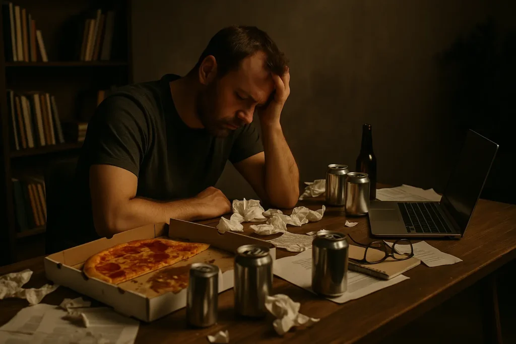 A man slumps at a messy desk surrounded by clutter, symbolizing what happens when men drop their standards.
