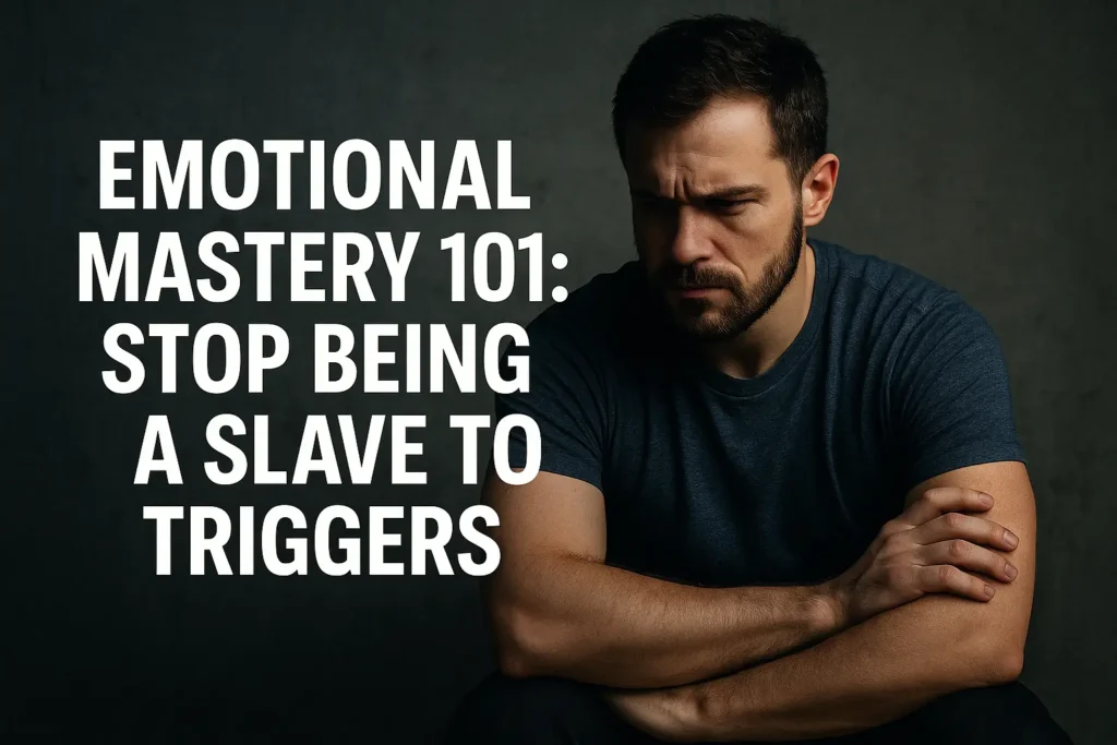 Emotional Mastery 101: Stop Being a Slave to Triggers. A serious man with a beard sits against a dark concrete wall, arms crossed, with bold white text reading 