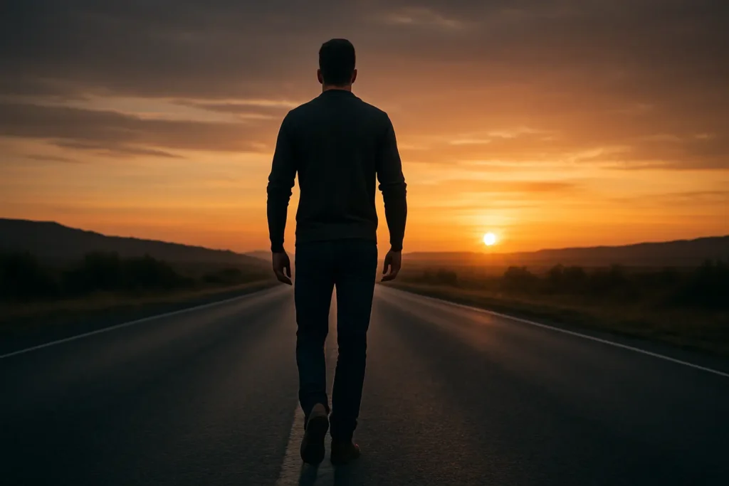 A confident man walks alone on an empty road at sunset, symbolizing emotional freedom and control.