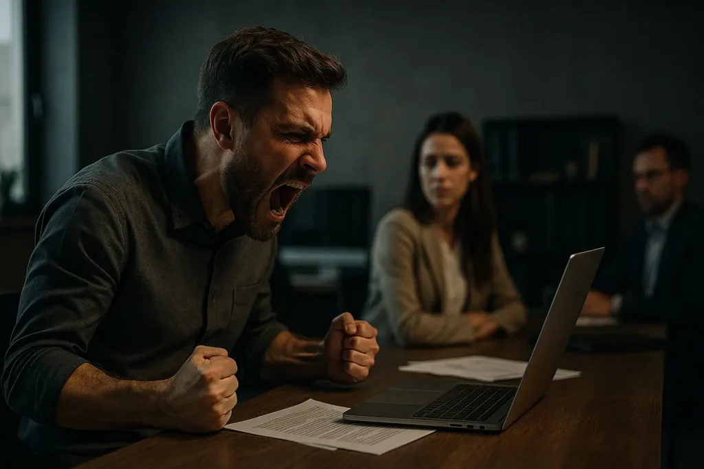 emotional mastery A frustrated man shouts in anger at his desk while coworkers look away in discomfort, symbolizing the cost of losing emotional control.