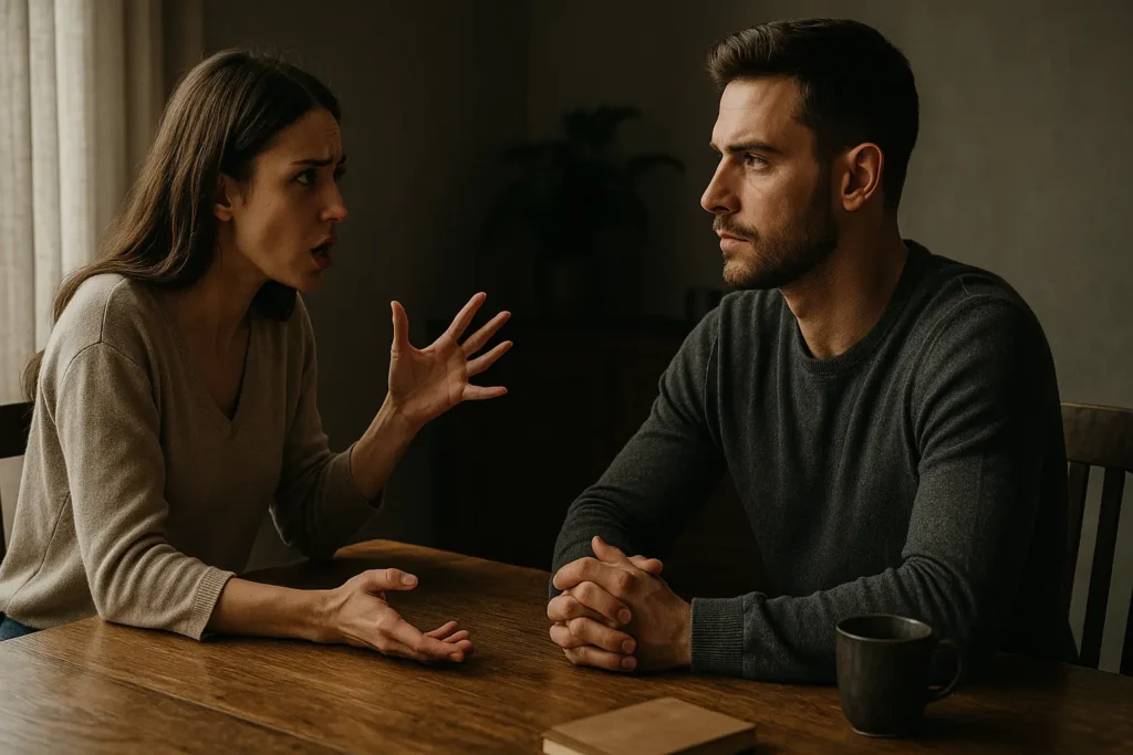 A man sits calmly at a table while his partner gestures emotionally during a heated conversation, symbolizing composure in relationships.