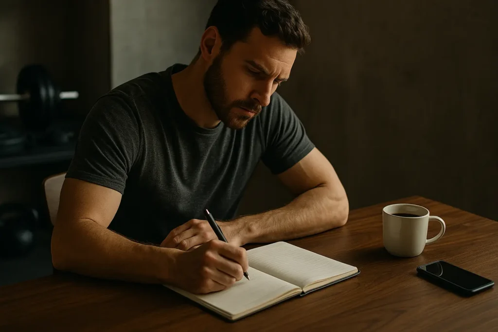 emotional mastery. A man journals at a wooden desk with a notebook, coffee, and phone, with gym equipment blurred in the background, symbolizing practical tools for emotional mastery.