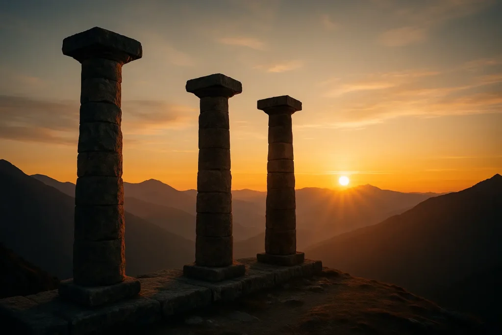 Three stone pillars stand tall on a mountain ridge at sunrise, symbolizing awareness, pause, and reframe — the three pillars of emotional mastery.